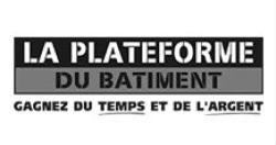 Logo de La Plateforme du Bâtiment en noir et blanc. Slogan : Gagnez du temps et de l'argent.